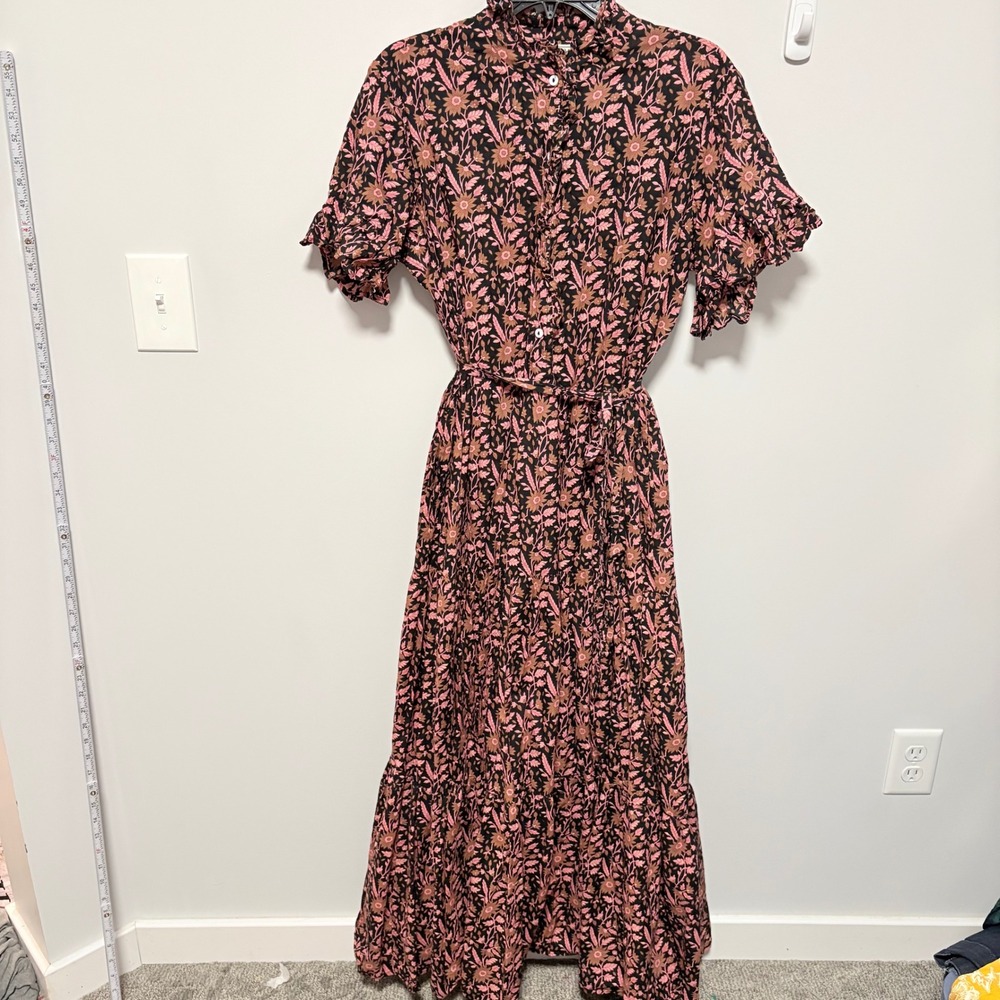 Mille Floral Tiered Maxi Dress Women Black Pink Size XL Ruffle Neck Cotton